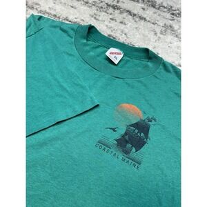 Vintage Men's T Shirt Jerzees USA Maine Teal Single Stitch Sailboat Sea Beach